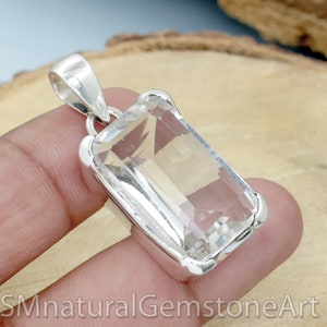 Faceted Rectangle Crystal Quartz Pendant, Sterling Silver Prong Setting