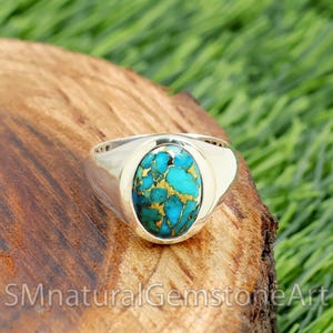 Blue Copper Turquoise Mens Ring: Sterling Silver Band, Handmade Jewelry