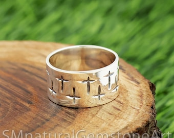 Anillo de banda ancha con cruz de plata esterlina: joyería con mensaje religioso