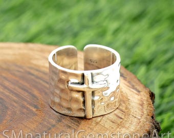 Anillo de cruz de plata de ley: banda ancha ajustable, joyería religiosa.