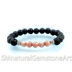 Rhodochrosite & Lava Stone Bracelet: Unisex Healing Beads