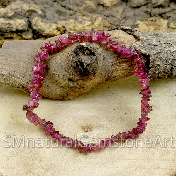 Pulsera con cuentas de turmalina rosa natural, pulsera elástica, pulsera de piedras preciosas sin cortar rosa, pulsera de chips de piedras preciosas, pulsera de cuentas crudas