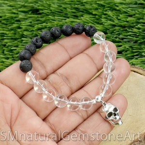 Skull Charm Bracelet: Crystal & Lava Stone, Sterling Silver Beads