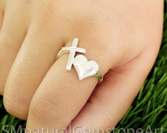 Sterling Silver Cross with Heart Ring: Unisex Religious Jewelry