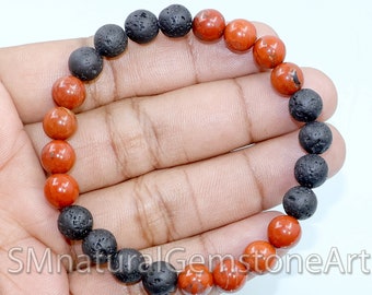 Red Jasper & Lava Stone Beaded Stretch Bracelet - Unisex Healing Jewelry