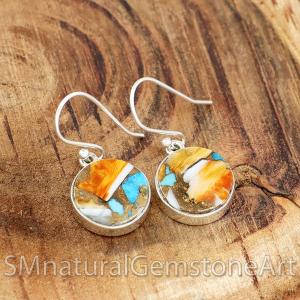 Handgemaakte Spiny Oyster Turquoise hangoorbellen: 925 sterlingzilver