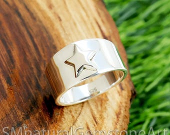 Handmade Sterling Silver Star Ring: 12mm Wide Geometric Band
