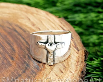 Anello con cuore e croce in argento sterling: fede religiosa gotica