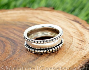 Sterling Silver Beaded Wide Band Ring: 8mm Half Dome Statement Ring