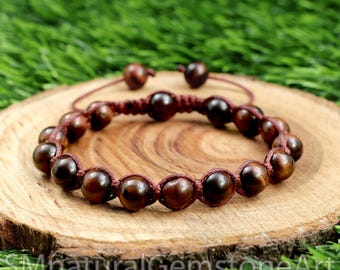 Red Tiger Eye Macrame Bracelet: Adjustable Gemstone Beads