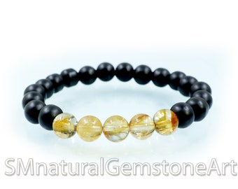 Citrine & Matte Black Onyx Beaded Stretch Bracelet - 8mm