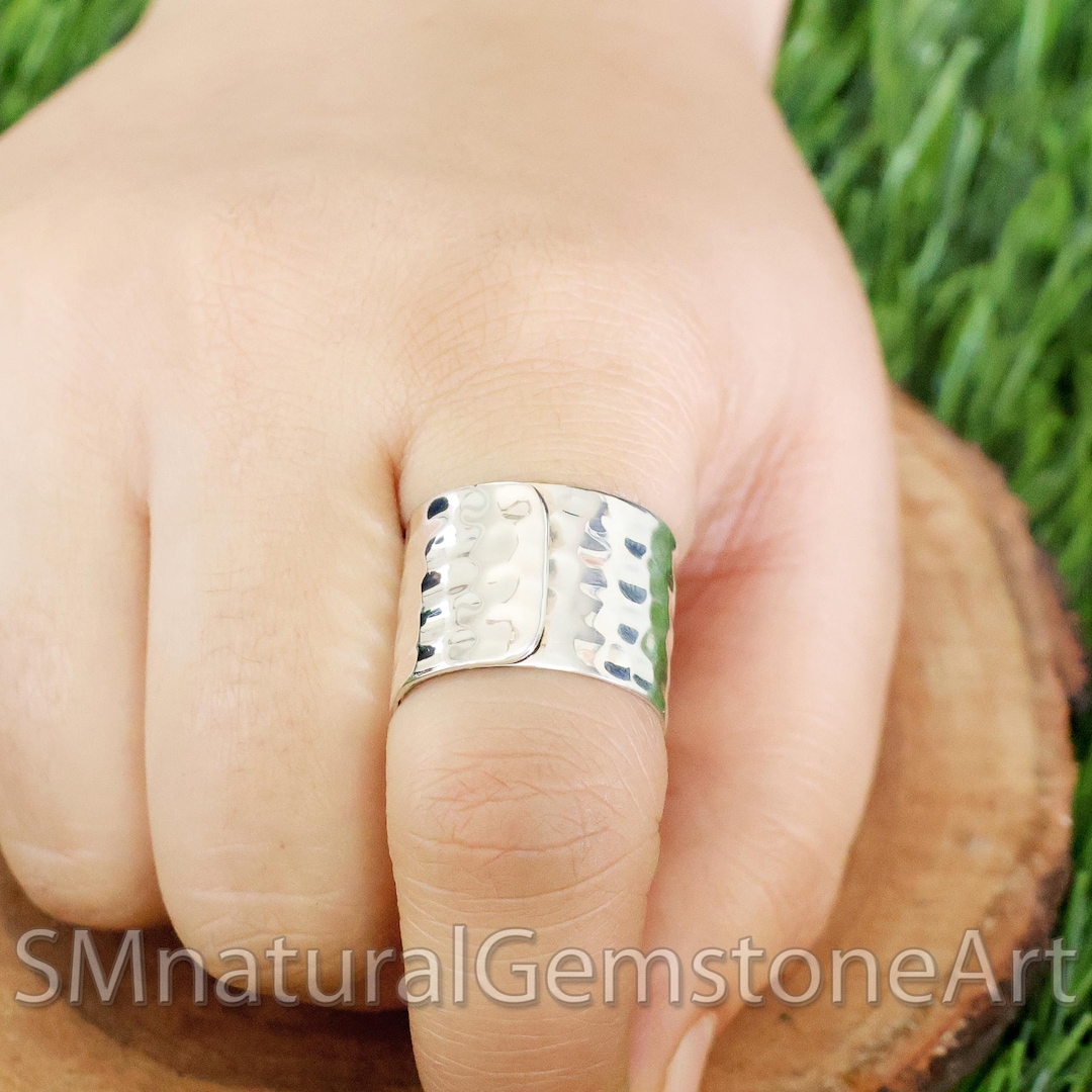 Adjustable Hammered Sterling Silver Wide Band Ring - 16mm Unisex Thumb ...
