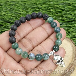 Skull Charm Bracelet: Moss Agate & Lava Stone, Sterling Silver