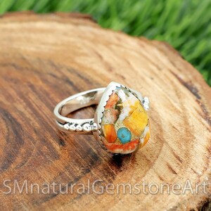 Pear Oyster Turquoise Ring: Filigree Sterling Silver Band