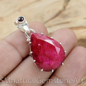 Indian Ruby & Garnet Pendant, Handmade Silver Pendant, 925 Sterling Silver Pendant, Pear Shape Gemstone Pendant, Bohemian Silver Jewelry