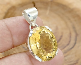 Handmade Oval Citrine Pendant: 925 Sterling Silver Prong Setting