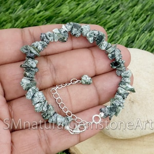 Natural Seraphinite Chip Bracelet: 925 Sterling Silver Adjustable Chain