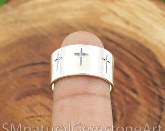 Anillo de banda ancha con cruz de plata esterlina: joyería con mensaje religioso