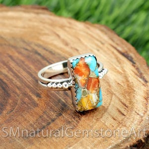 Oyster Copper Turquoise Ring: Sterling Silver Filigree Band, Rectangle Stone