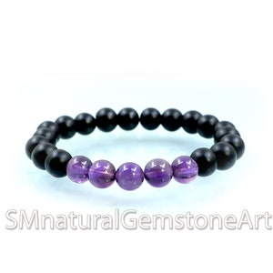 Amethyst and Matte Black Onyx Beaded Bracelet, Amethyst and Matte Black Onyx Stretch Bracelet, Healing Beads Bracelet, Unisex Beads Bracelet