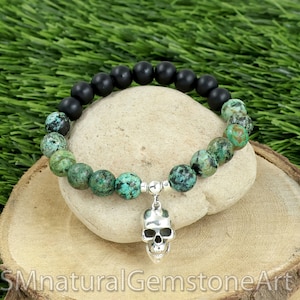 Skull Charm Bracelet: Tibetan Turquoise & Black Matte Stone, Sterling Silver