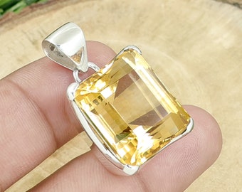 Handmade Natural Citrine Pendant: 925 Sterling Silver, Rectangular Prong Setting