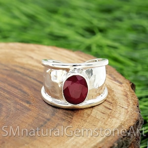 Bague ouverte en argent sterling avec rubis indien : anneau large, réglable