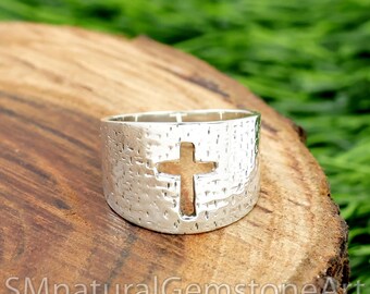 Anillo de banda ancha con cruz de plata esterlina: joyería con mensaje religioso