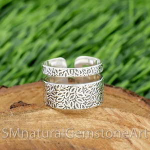 Handmade Textured Sterling Silver Cuff Ring - Adjustable 14mm Band