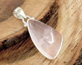 Handmade Rose Quartz Pendant: Bohemian 925 Sterling Silver
