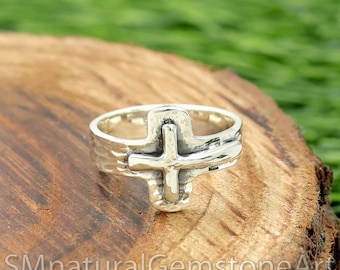 Rustieke sterlingzilveren kruisring: 6 mm brede Faith-ring