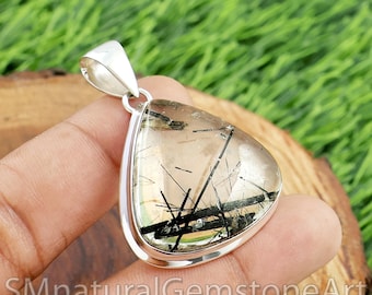 Black Rutile Gemstone Pendant: Handmade Sterling Silver Bohemian Jewelry