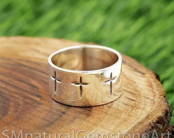 Sterling Silver Cross Wide Band Ring: Religious Statement Jewelry