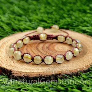 Golden Rutile Macrame Bracelet: Adjustable Gemstone Beads (8mm)