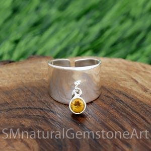 Citrine Dangle Ring: 925 Sterling Silver Adjustable Band