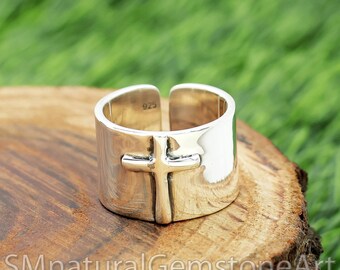 Anillo de cruz ajustable de plata de ley - Banda ancha religiosa (15 mm)