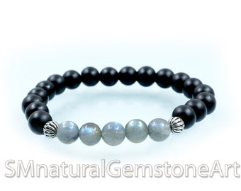 Labradorit & Matt Svart Onyx Armband: Unisex Läkande Ädelsten
