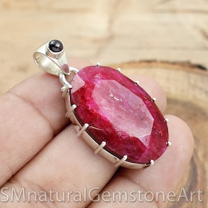 Indian Ruby & Garnet Pendant, Handmade Silver Pendant, 925 Sterling Silver Pendant, Oval Shape Gemstone Pendant, Bohemian Silver Jewelry