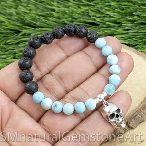 Skull Charm Bracelet: Larimar & Lava Beads, Sterling Silver, Stretch Bracelet