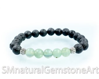 Prehnite and Lava Stone Beaded Bracelet, Prehnite and Lava Stone Stretch Bracelet, Healing  Beads Bracelet, Unisex Beads Bracelet