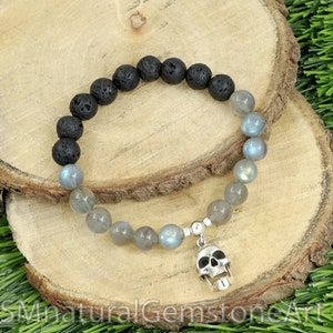 Skull Charm Bracelet: Labradorite & Lava Stone, Sterling Silver