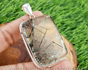 Black Rutile Gemstone Pendant: Handmade Sterling Silver Bohemian Jewelry