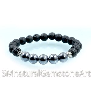 Hematite & Lava Stone Beaded Stretch Bracelet - Unisex Healing Jewelry