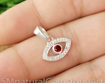 Garnet Evil Eye Pendant: Moissanite 925 Sterling Silver
