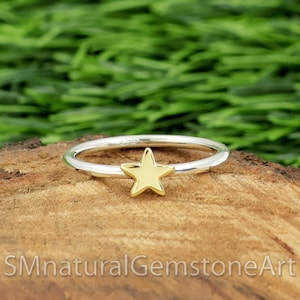 Zweifarbiger Stern-Ring: 925 Sterling Silber Band mit Messing-Stern