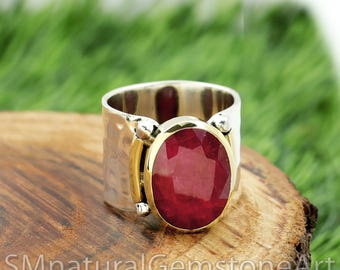 Indian Ruby Ring: Two-Tone Hammered Sterling Silver Band