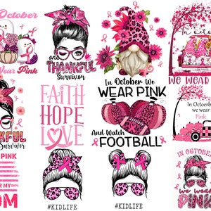 Breast Cancer png bundle Warrior Tackle Beat Fight Stronger than Cancer Survivor Messy bun Skull In October wear Pink Retro thankful messy
