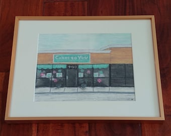 Matted, Custom Hand-drawn Storefront Drawing | Original Pastel Sketch - Not a Digital Print | Gift for Business Owner | Retirement Gift