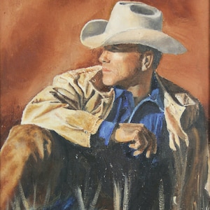 Cowboy artwork, Wall Art, Giclee Print, Oil Painting, Canvas, Realistic Art, Cowboy Sitting by JaNae Moss