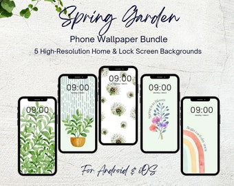 Boho Botanical Spring Wallpaper Backgrounds for Android and iPhone, Bundle of 5, Digital Download